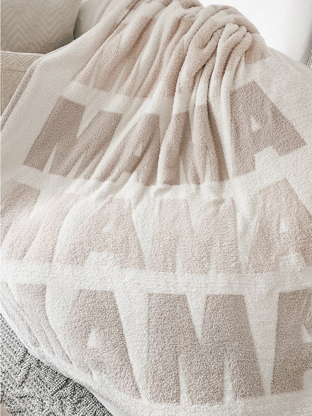 NWOT Cozy Feather Yarn Mama Throw Blanket Cream Tan Baby Gift - 40” x 30”